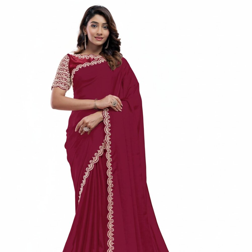 Elegant Women's Embroidered Pure Crepe Silk Red Saree
